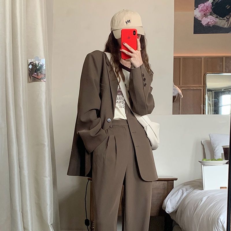 Blazers negros de primavera para Mujer, trajes elegantes de oficina informales de estilo coreano, con cuello de muescas único, versátiles y Chic: brown / XL