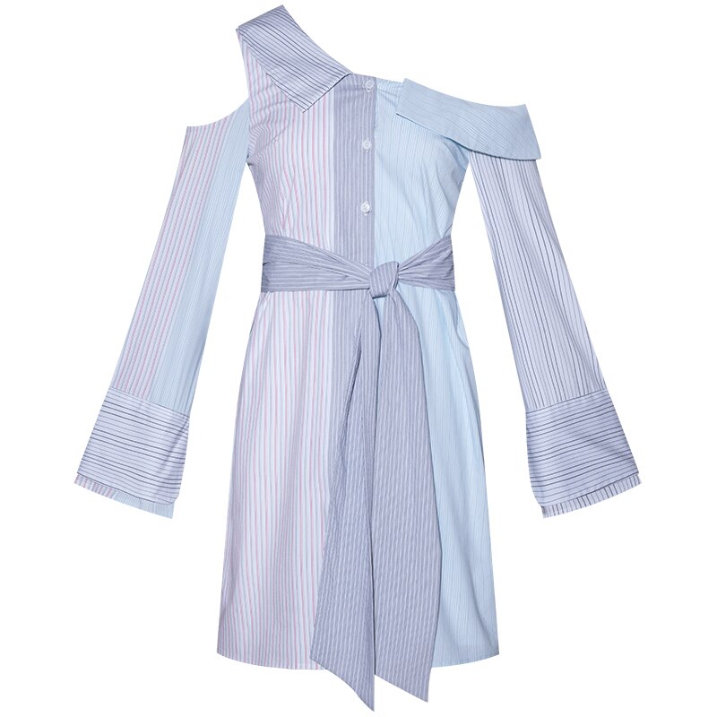 Yigelila Herfst Mode Blauwe Toevallige Enkele Breasted Flare Mouwen Gestreepte Jurk Turn-Down Kraag Met Riem Jurk 65442