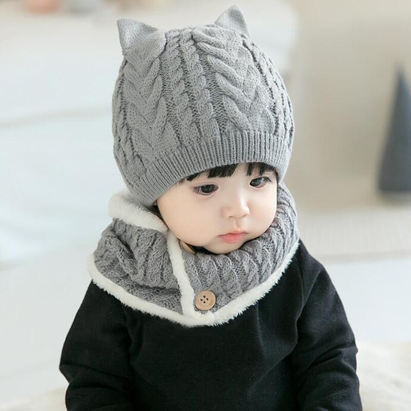 2Pcs Baby Hat Scarf Set Warm Knitted Baby Winter Hat Cap Bonnet Kids Hat Boy Girl Caps Boys Girls Crochet Beanie Autumn: gray