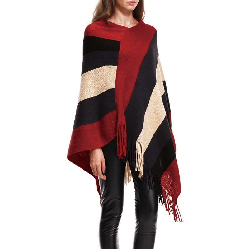 Vrouwen Truien en Pullovers Gestreepte Gebreide Trui Herfst Winter Mode Mantel Batwing Mouw Kwastje Dames Truien: Rood / L