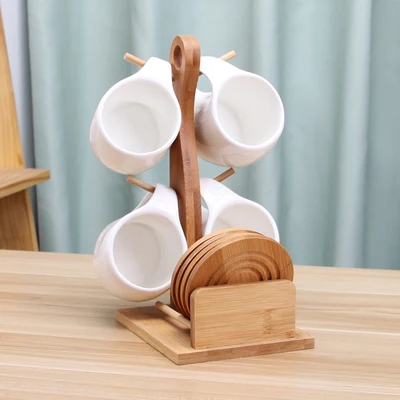 Taza de café de cerámica de 200ml para el hogar, juego de tazas de agua fría colgantes simples y creativas, juego de té de restaurante de cocina, soporte de madera de Bambú: Azul