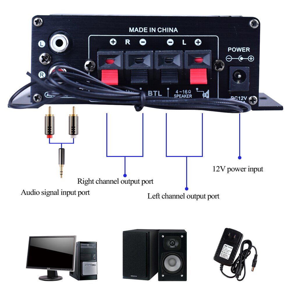 AK370 Audio Amplifier DC12V 20W*2 Compact Power Amplifier HIFI Audio Power Amplifier BTL Out Home Stereo Amplifiers for Car