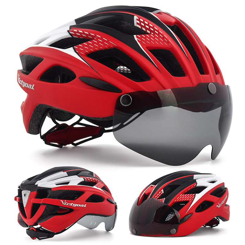 Victgoal adultos capacete da bicicleta capacete com destacável magnético óculos de proteção &amp; segurança led luz traseira ciclismo capacetes das mulheres dos homens: Red Helmet