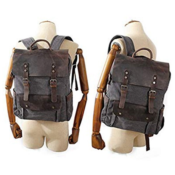 Men Leather Canvas Rucksack Laptop Backpack College School Bookbag(Dark Gray)