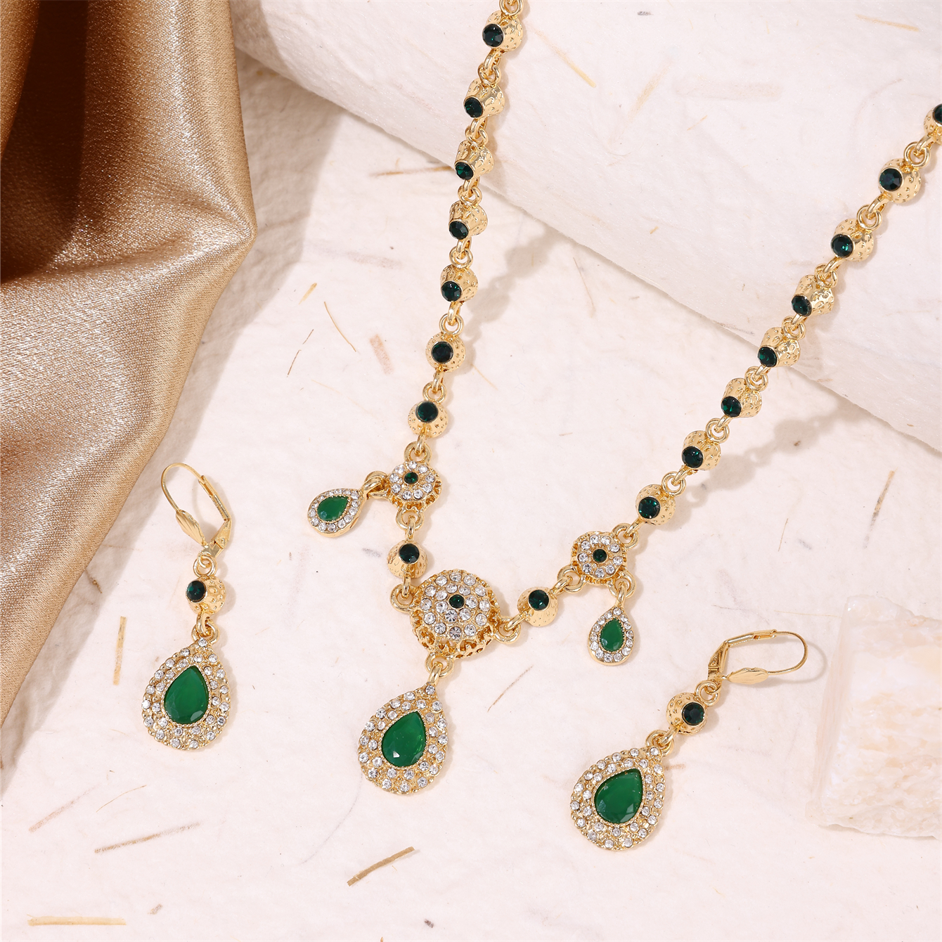 Algerijnse Handgemaakte Sieraden Kristal Bruiloft Haar Accessoires Metalen Hoofddeksel Sieraden Set Hoofd Ketting En Oorbellen Water Shape