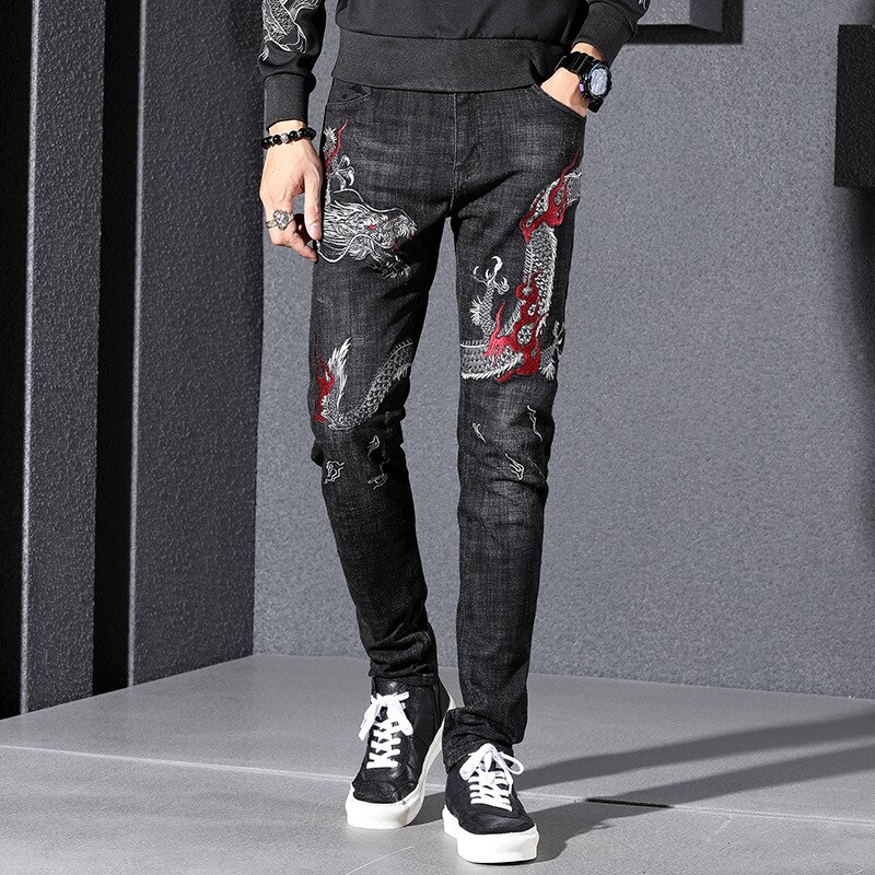 Men's Chinese dragon embroidery jeans embroidered slim straight stretch denim pants Trousers: Black / 30