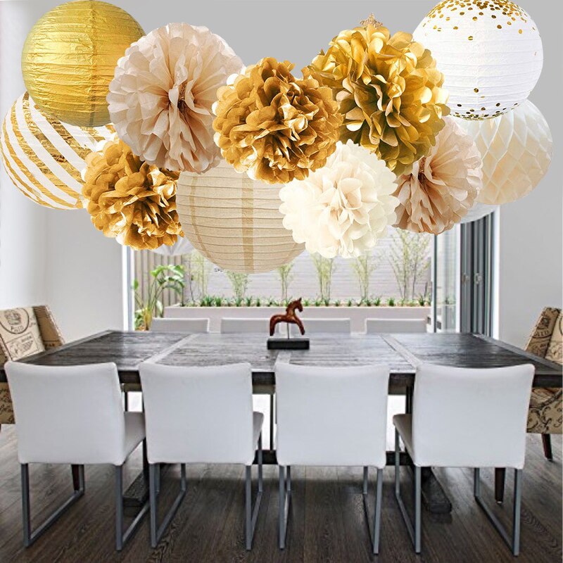 Lanternes rondes chinoises en papier Rose doré, 15 pièces/ensemble, boules de fleurs en papier de soie pour mariage, anniversaire, fête prénatale, décor de mariage
