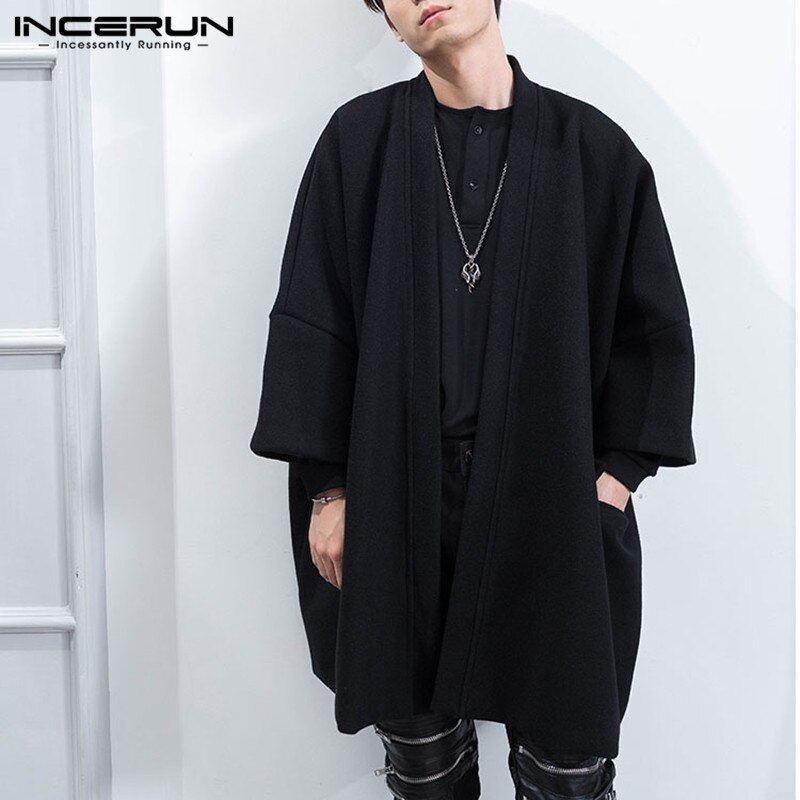 Incerun heren mantel jassen open steek effen kleur bovenkleding streetwear 3/4 mouwen chic casual trenchcoat heren poncho s -5xl