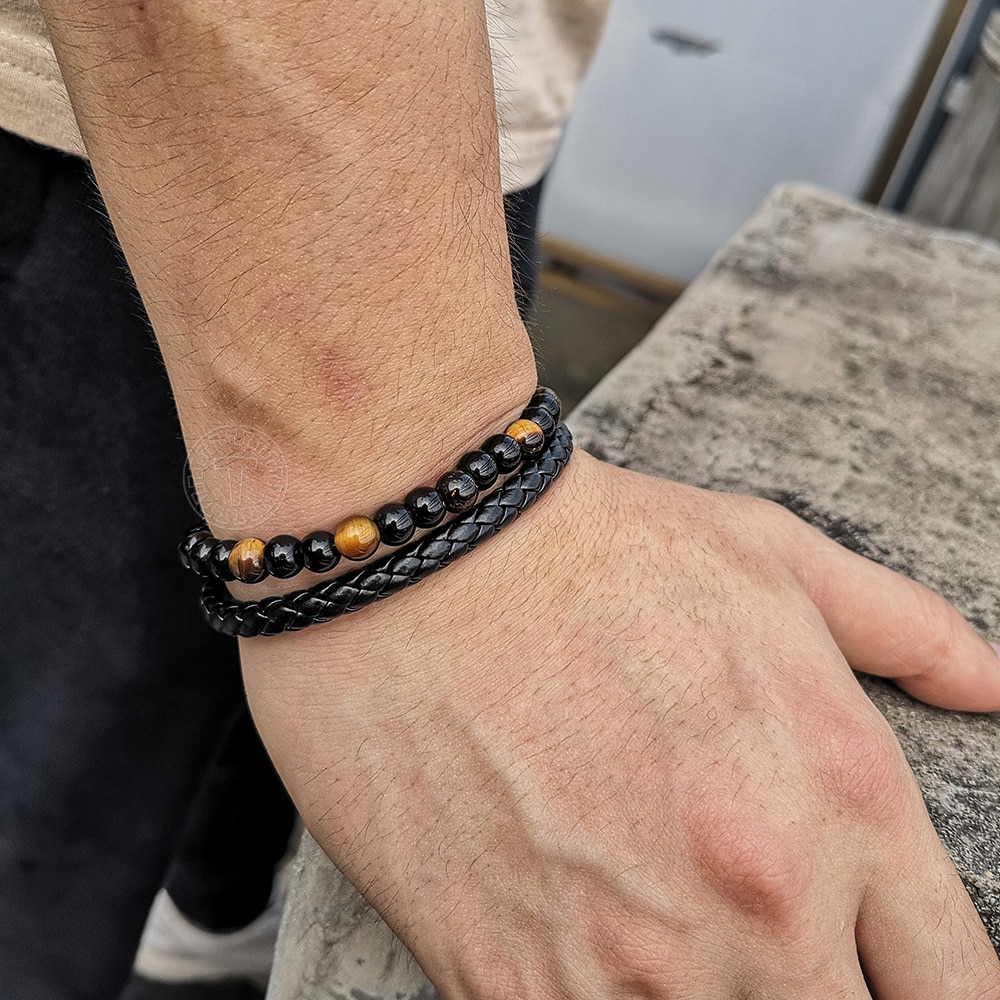 Double Layered Beaded Bracelet Yellow Tiger Eye Glass Bead Black Leather Bangle Magnetic for Him Male Jewelry DLB194