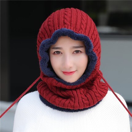 Unisex Winter Knitted Hat Neck Protection Beanie Cap Add Fur Lined Warm Hats For Men Women Balaclava Cap Windproof warm hat: wine red
