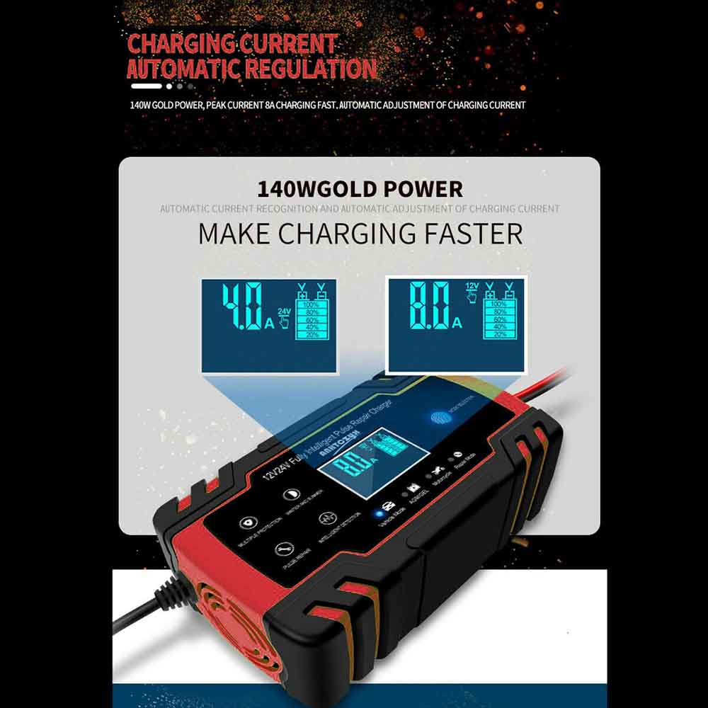 12/24V 8A LCD Battery Charger Touch Screen Smart Automatic Pulse Repair Charger for Car Motorcycle