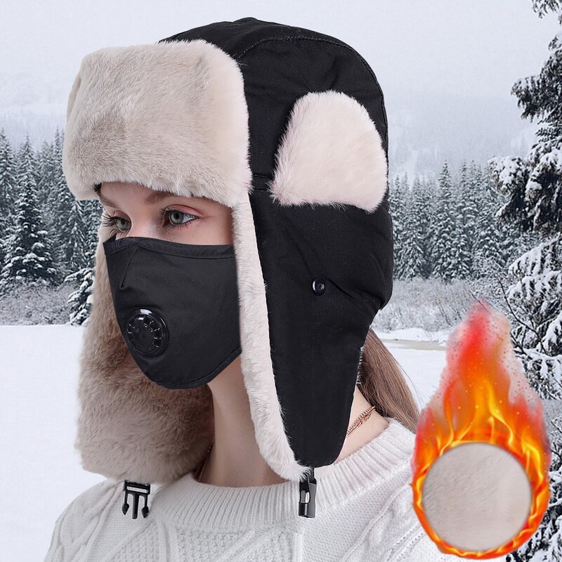 Wintermutsen heren dames warme mutsen plus fluwelen koudebestendige verstelbare mutsen winddichte gezichtsbedekking skimutsen sets gymmutsen: Pet gezichtsbedekking zwart