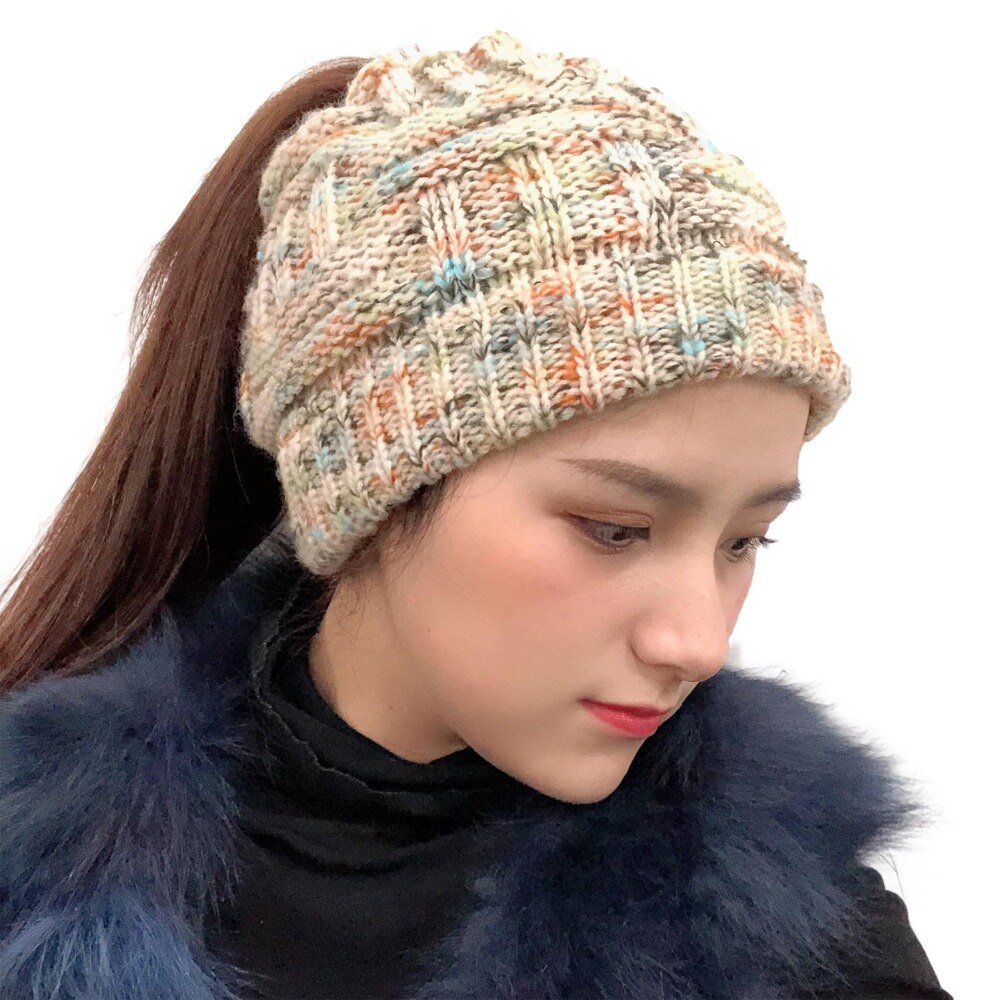 Vinter kvinner hatt damer jente tøye ut strikk hatmessy bolle hestehale lue holey varme hattemaker caps til kvinner