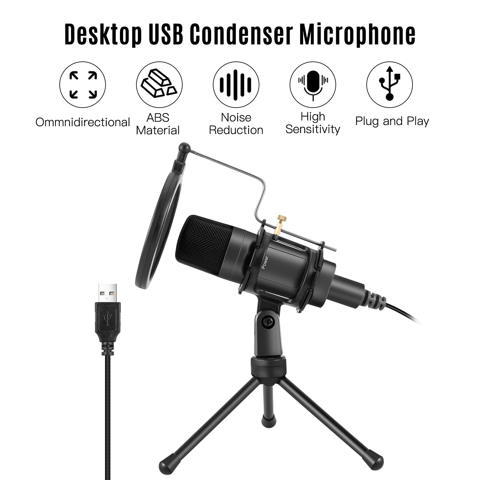Micrófono USB para ordenador y PC, micrófono de escritorio, condensador, con soporte de trípode, montaje de choque, filtro Pop, Plug and Play, para Mac OS