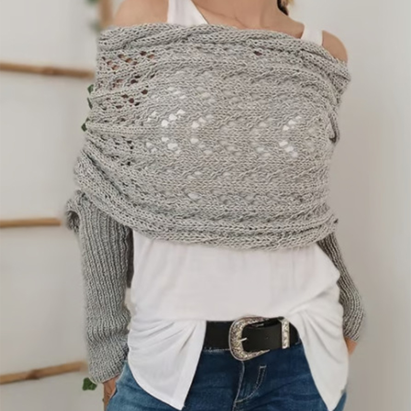 trenzado, envoltura de manga con mangas, Color sólido, patrón de ganchillo con giro hueco, chal para mujer, bufanda, suéter de estilo bohemio: Gris claro
