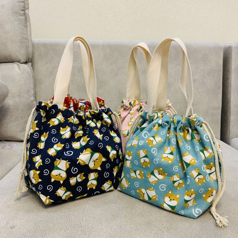 Japanse lunchbox tas cartoon schattige bedrukte canvas stof trekkoord werkende lunchtas