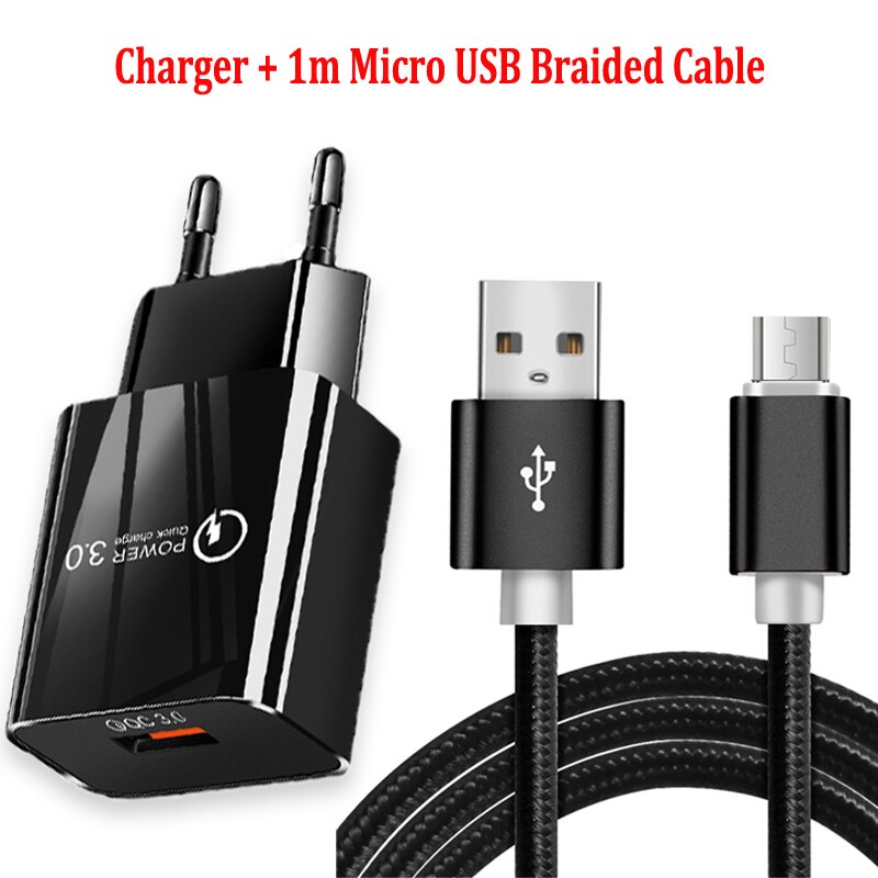 QC 3.0 Fast Travel Charger Micro USB Cable For Samsung S5 S6 S7 Edge A10 M10 M20 OPPO A5 A9 A7 A1 A1K Phone Charger Cables: Black Charger Cable