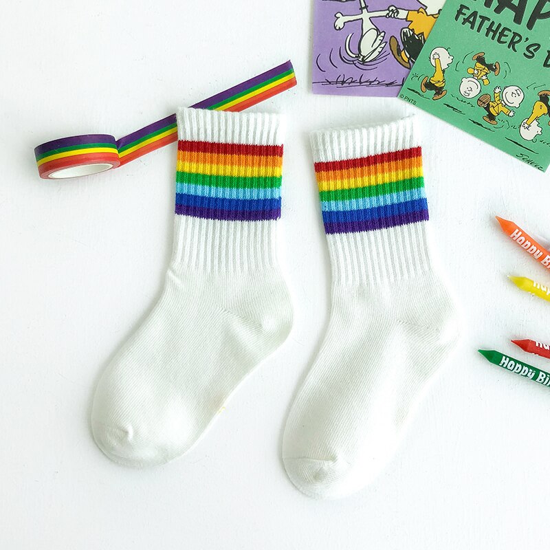 Kids Knee High Rainbow Socks Spring Summer Toddler Child Girls Boys Cotton White School Socks Stripe Long Sock Baby Accessories: 9 / L(6-8 years old)