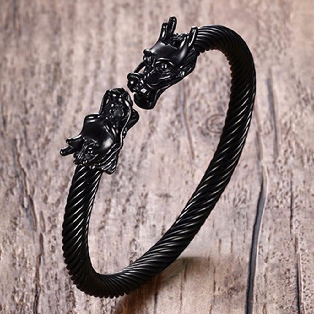 Bracelet manchette noir à deux têtes de Dragon Bracelet pour hommes garçons en acier inoxydable 316L fil entrelacé Viking Vintage bijoux masculins