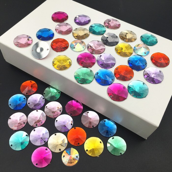 14mm 50 stuks Ronde Naaien Acryl Rhinestone Naai Op Punt Facet Kristallen Plaksteen Twee Gaten Rivoli Naai-On kledingstuk Stenen