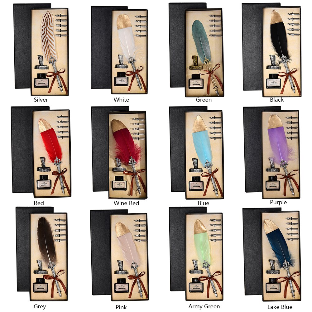 1 Set Vintage Calligraphy Feather Dip Pen Writing Ink Quill Fountain Pen