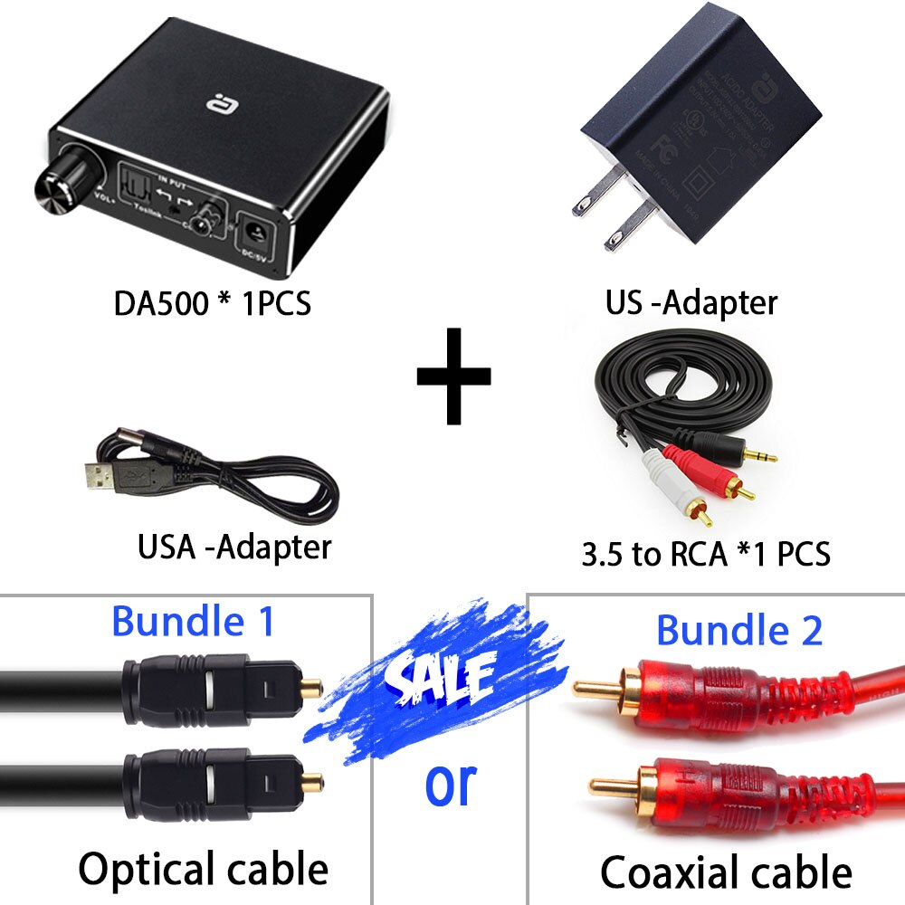 AC3 192Khz Hifi Audio-Decoder Dac Met Volumeregeling Optische Coaxiale Rca 3.5Mm Digitaal Naar Analoog Converter adapter DA500: DA500 US / Bundle 1
