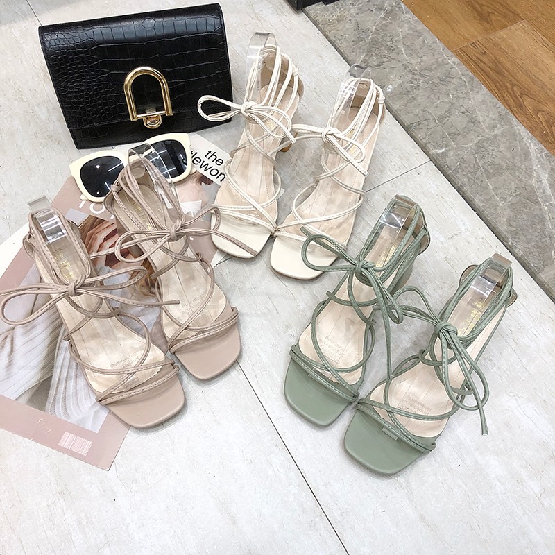 Sommer kvinder sko sandaler ankel rem høje hæle afslappet hov hæle åben tå krydsbundet stropper gladiator sandaler kvinder