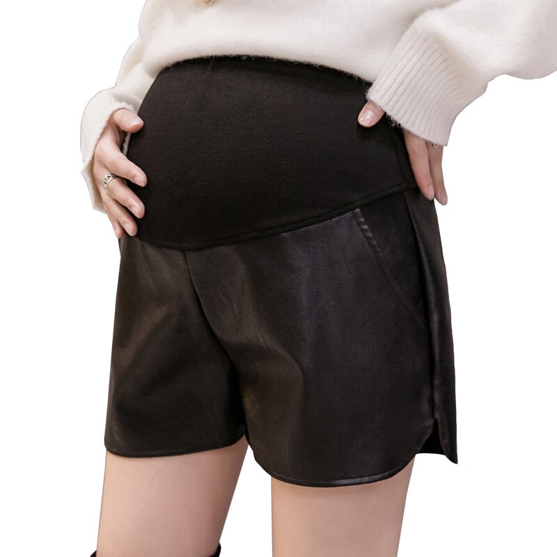 Bomulds mave patchwork pu lædershorts til gravide moderigtige bredbens korte bukser barsel på barselsiden