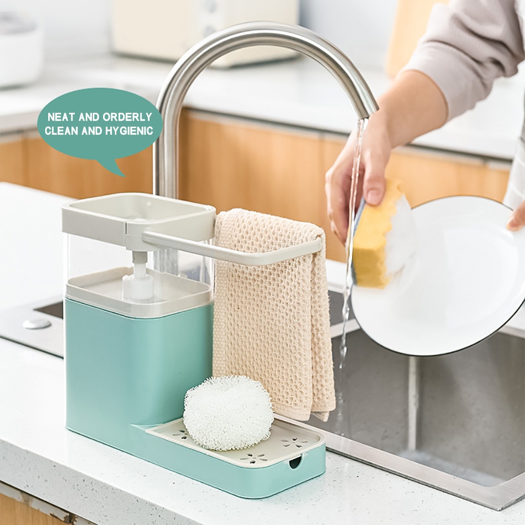Dispensador de jabón líquido 3 en 1 + soporte para esponja de cocina + soporte para toalla de té prensa de mano, organizador de jabón, contenedor, herramientas de Limpiador de cocina
