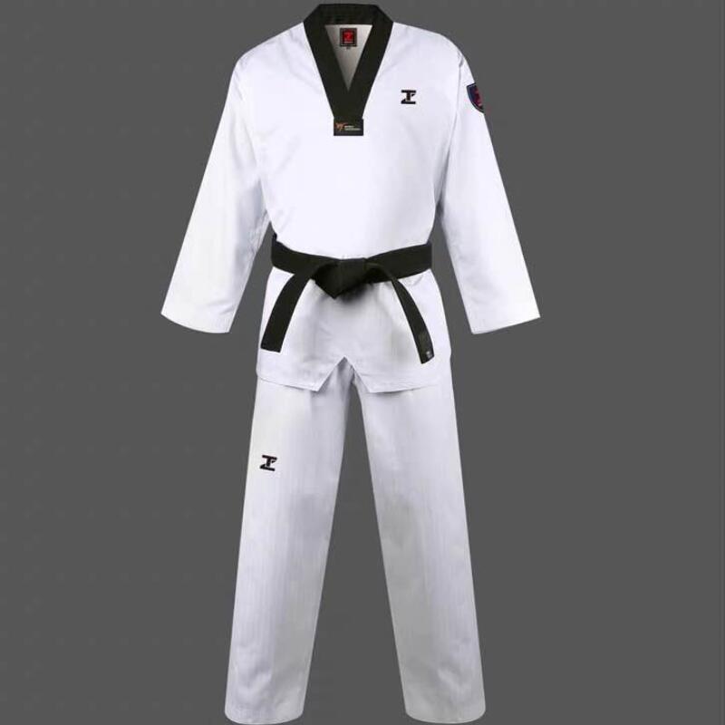 Ztty taekwondo dobok bomuld hvid karate uniform wtf bælte rød sort v-hals judo udstyr til børn voksen sauna dragt: 160