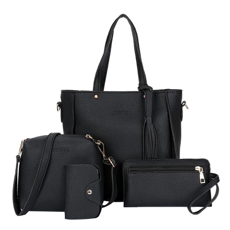 Conjunto de bolsos de hombro con borlas de Lichi para mujer, bandoleras cruzadas de piel sintética con asa superior, estilo informal, a la , 4 unids/set: Negro