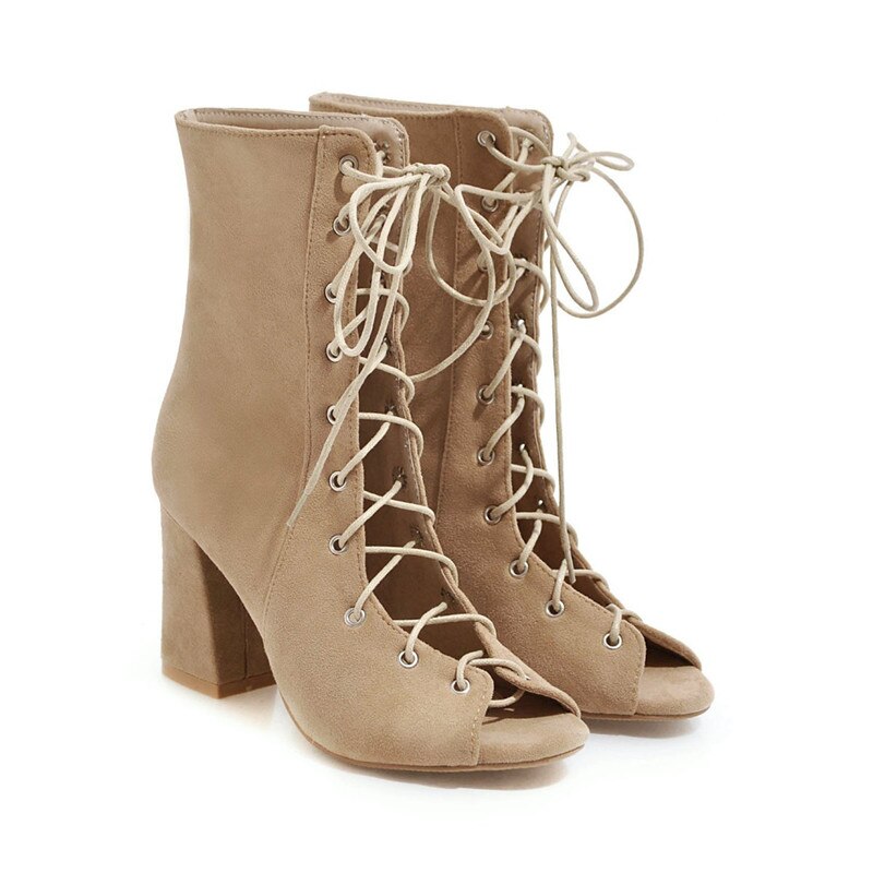 Morazora kvinnor ankelboots kors bundna peep toe sommarstövlar fyrkantiga högklackade stövlar klänning skor kvinna