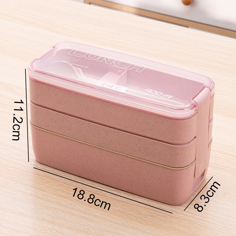 3 Lagen Lunchbox 900Ml Draagbare Tarwe Stro Bento Boxs Magnetron Dinnerwaer Foos Opslag School Kantoor Voedsel Container: Pink1