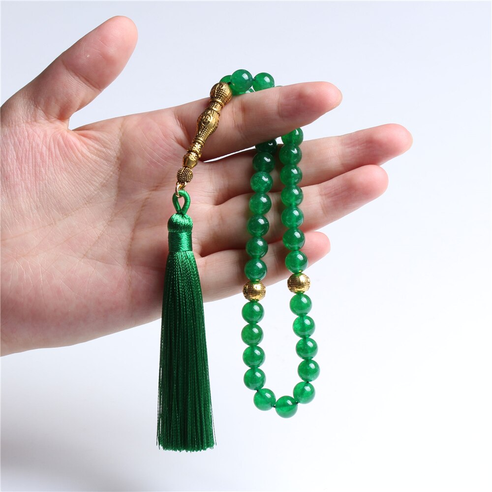 Grânulos muçulmanos islâmicos da oração da tasbih da pedra 33 da borla da linha verde das vendas quentes 8mm