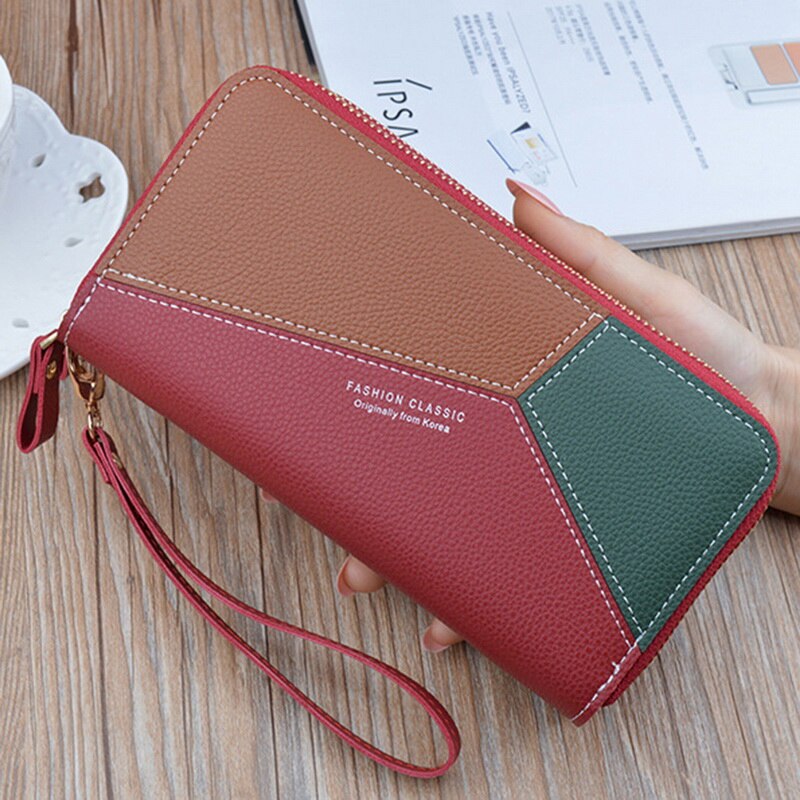 Geometrische dames clutch roze portemonnees telefoonvak portemonnee kaarthouder patchwork dames lange portemonnee dame creditcard pu doos
