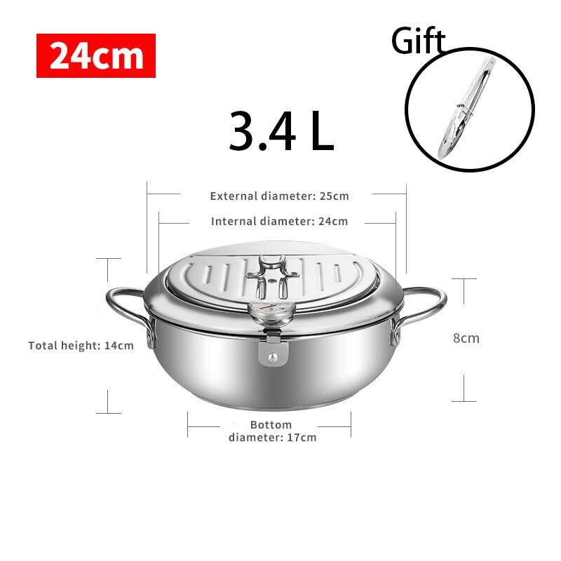 Japanese Tempura Fryer Pan Kitchen Deep Frying Pot Temperature Control Fried Pot Stainless Steel Chicken Fryer Pan Cooking Tools: Material 304 / L
