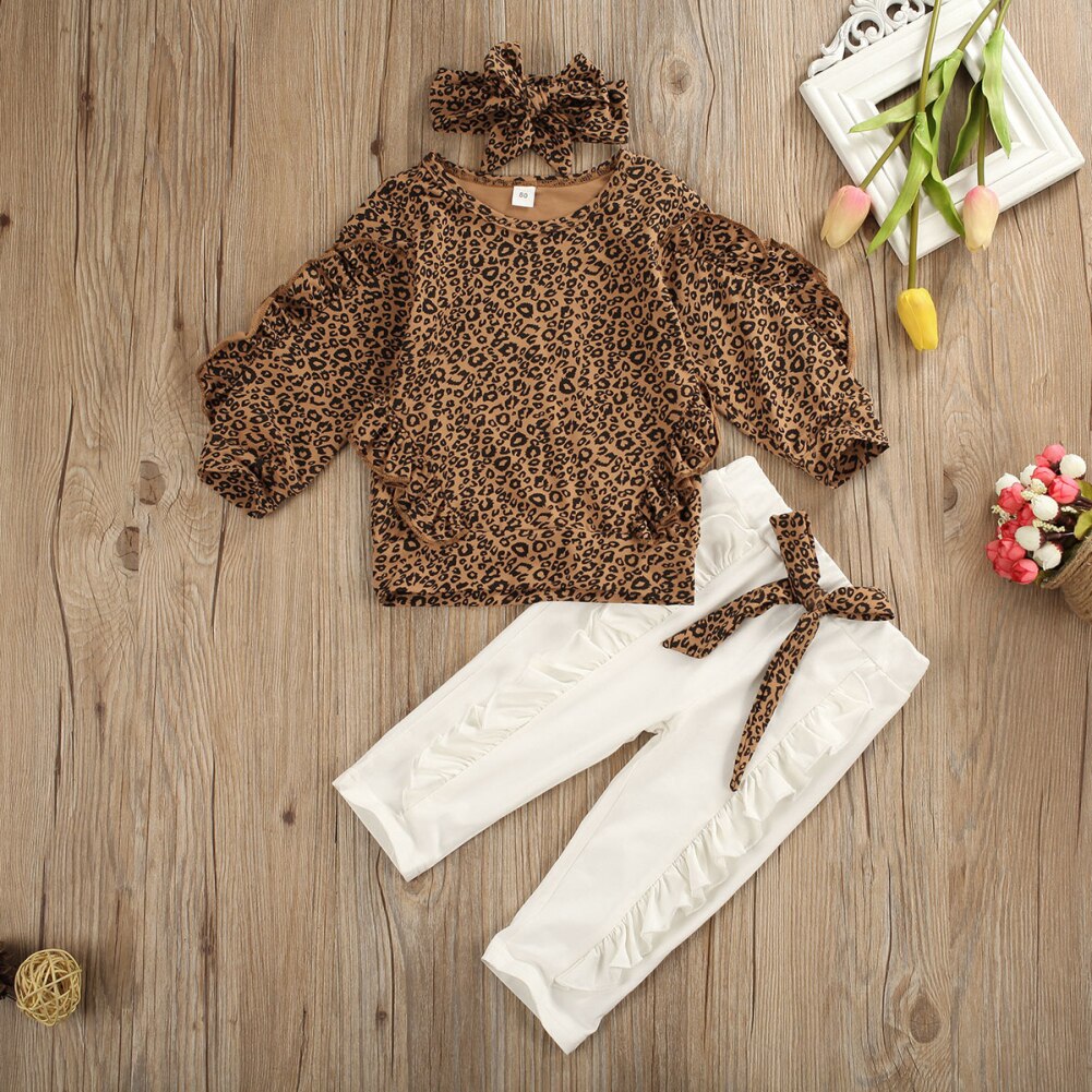 Børn pige tøj flæse leopard toppe leggings bukser outfit sæt barn baby pige tøj efterår 2 stk træningsdragt