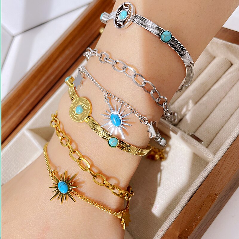 2022 Vintage Armbanden Voor Vrouwen Goud Zilver Geen Fade Ronde Turquoise Hart Ster Snake Bone Ketting Rvs Sieraden