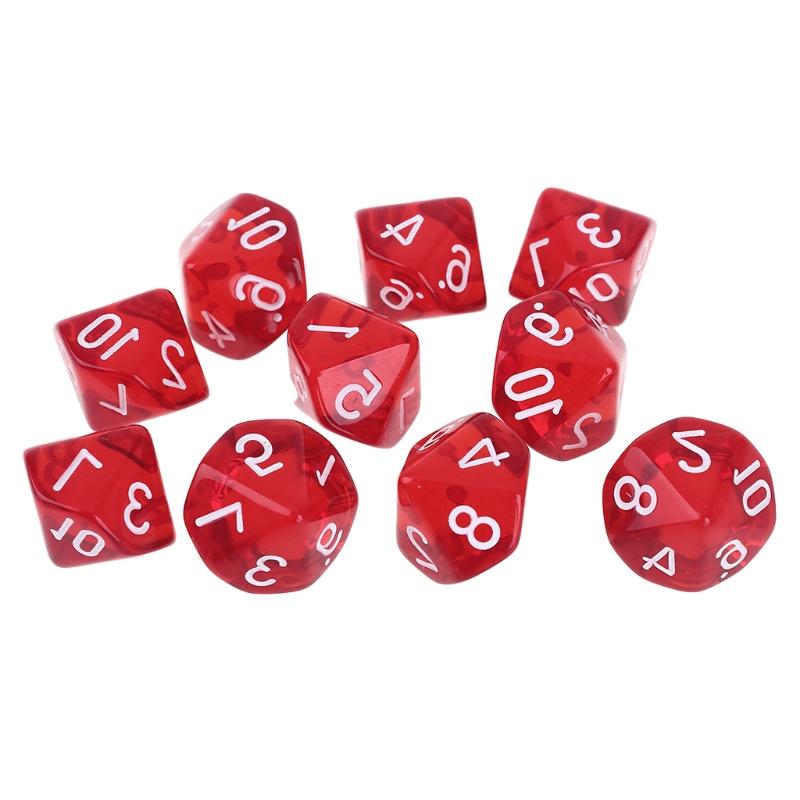 10pcs/set Acrylic Polyhedral Dice Transparent Colors 10 Sided Dices Table Board Playing Game for Bar Pub Club Party D0LB: Red