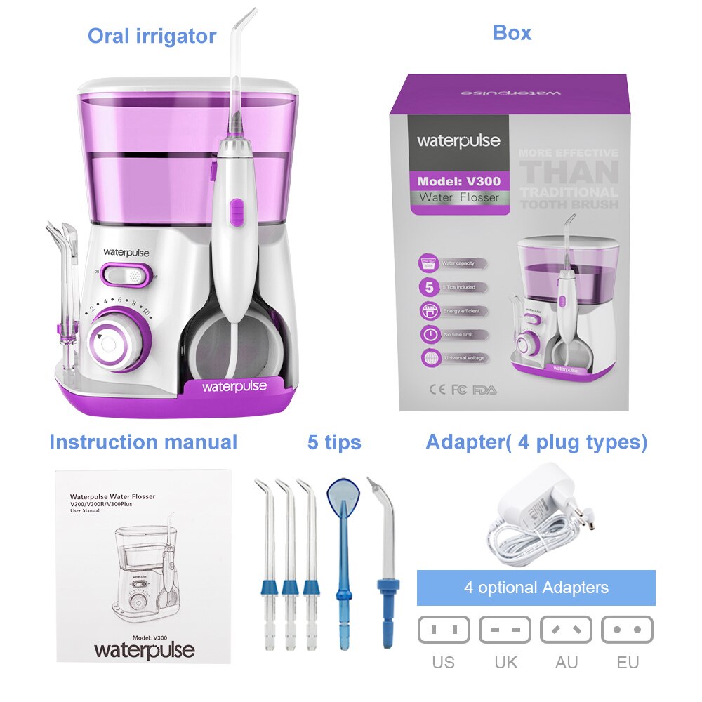 Waterpulse V300 Electric Oral Irrigator For Teeth Clean Dental Water Flosser 800ml Tank Oral Hygiene Cleaning 5 Jets Set: Red / AU