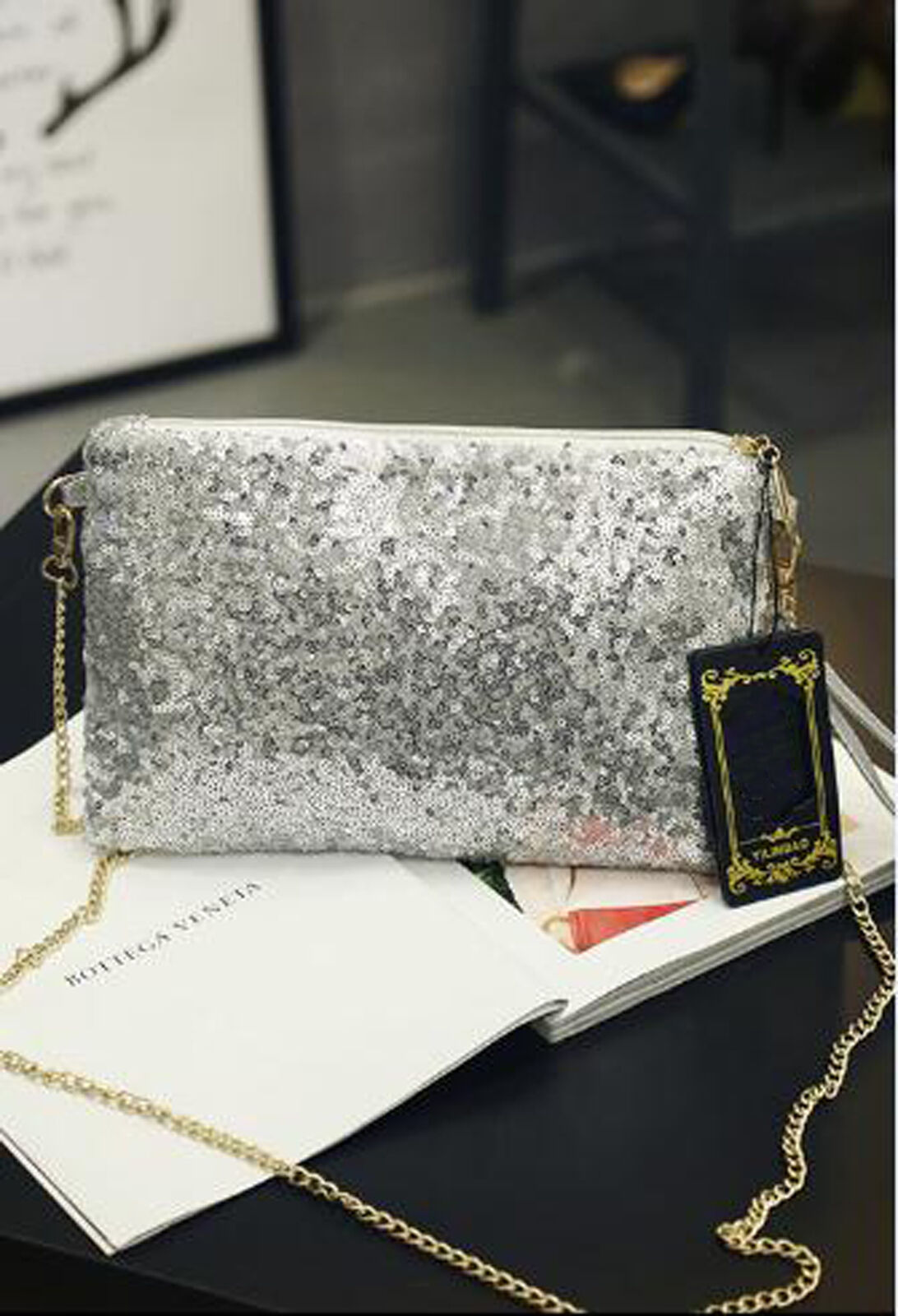 Dames clutch met pailletten, dinertas, glanzende portemonnee, draagbare schoudertas met ketting: Zilver