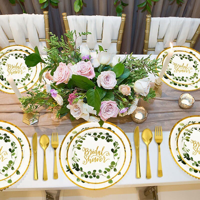 Bruids Douche Dispodable Servies Goud Groene Bladeren Papieren Borden Cups Bruiloft Vrijgezellenfeest Thuis Tafel Decoratie Benodigdheden