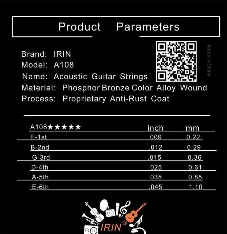 IRIN A108 Acoustic Guitar Strings Phosphor Bronze Color Alloy Wound 1st-6th(.009-.045) Q1FF