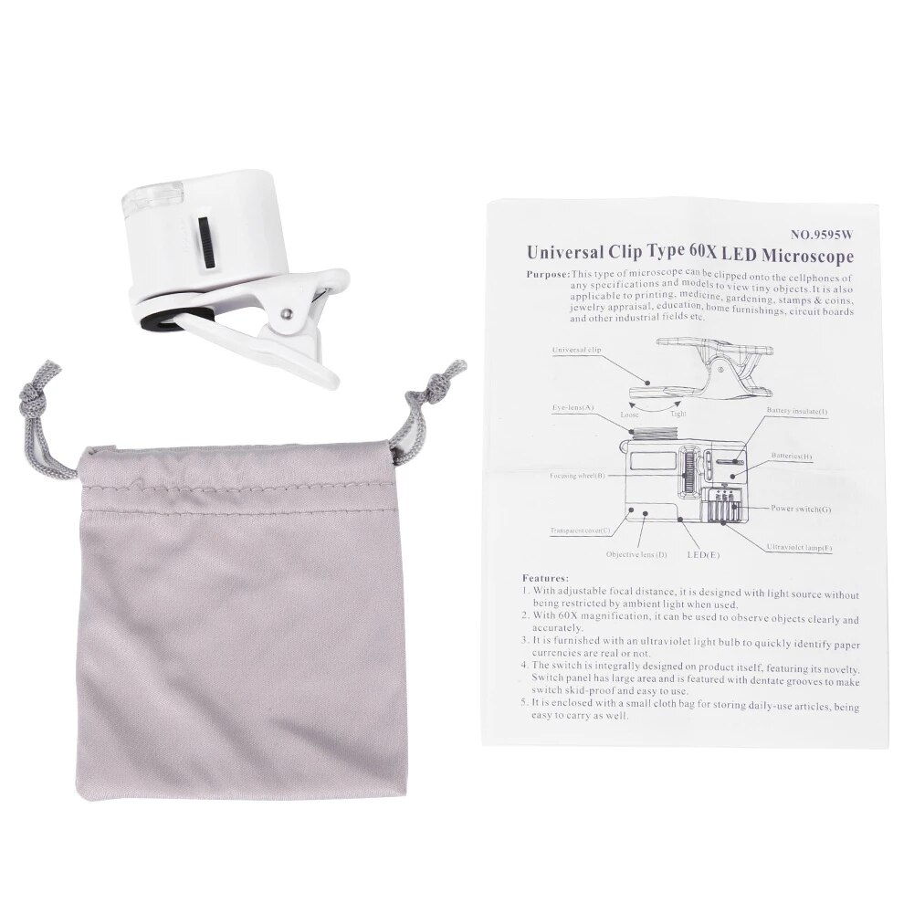 60X Phone Microscope Magnifier Microscope Camera with LED Light Phone Universal Mobile Magnifying Lens Macro Zoom Camera Clip