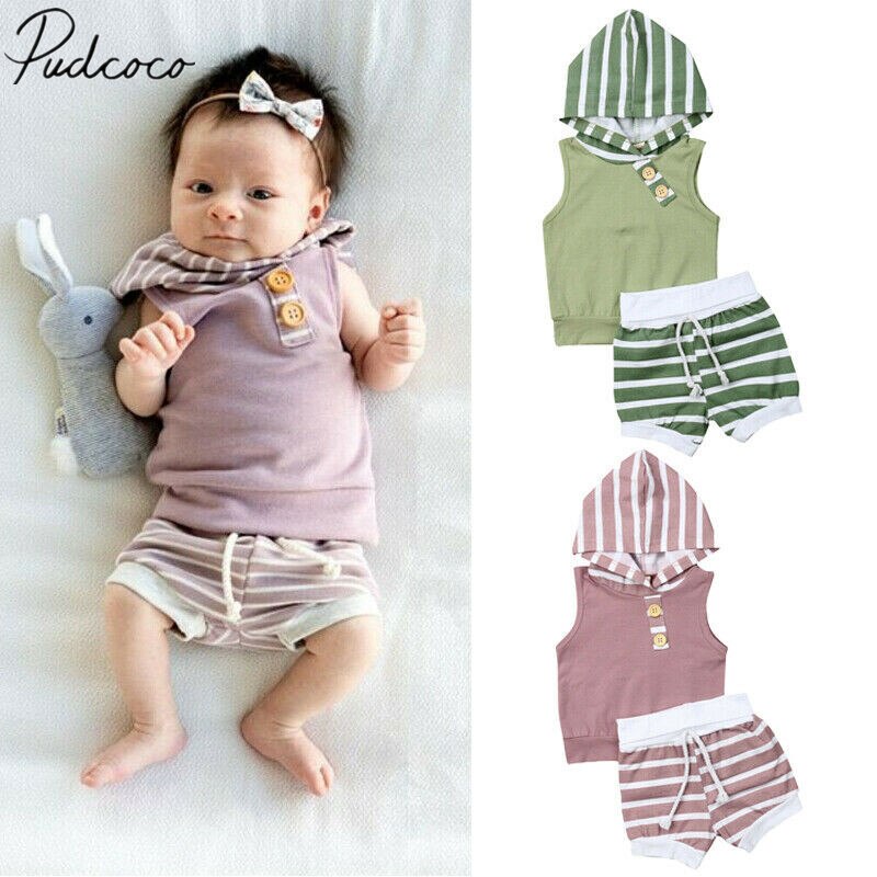 Baby Zomer Kleding Peuter Baby Meisje Jongen Casual Kleding Sets Hooded Streep Tops Vest Korte Broek Outfits 2 Stuks set 0-18 M