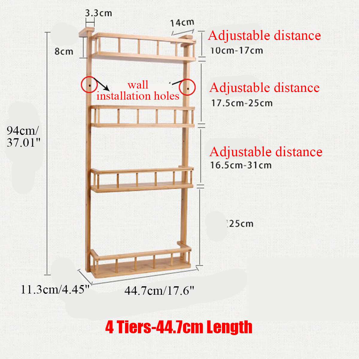 Multi-Layer Bamboo Adjustable Refrigerator Shelf Fridge Side Rack Sidewall Holder Kitchen Supplies Organizer Side Hanging Rack: 4 Tiers-44.7cm