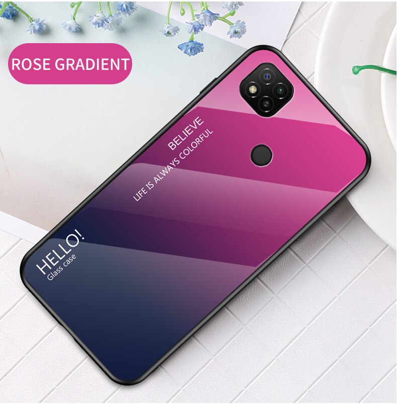 OUDINI For Xiaomi Redmi 9C Cover Gradient Glass Case For Redmi 9C Case: rose red