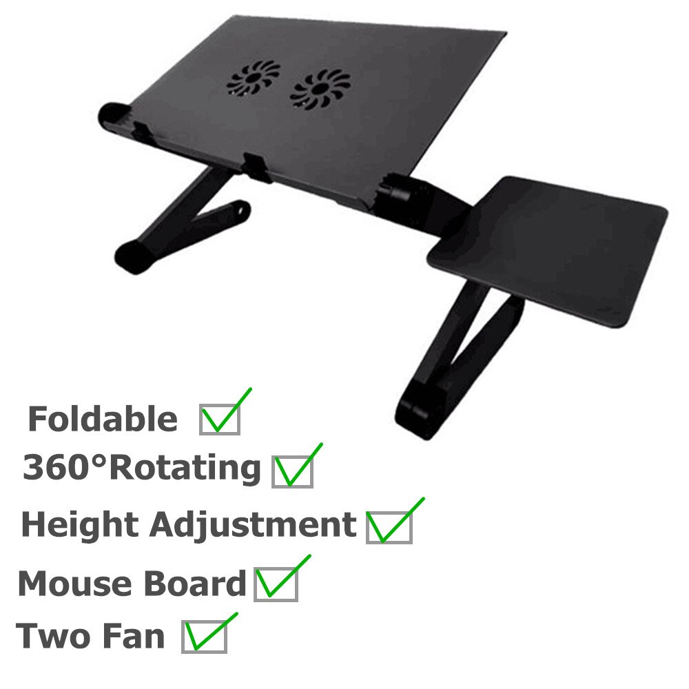Justerbar bærbar stativholder 360 ° roterende støtte notebook ergonomisk bærbar bærbar stander til seng skrivebord gulv lapdesk: Sort med blæser