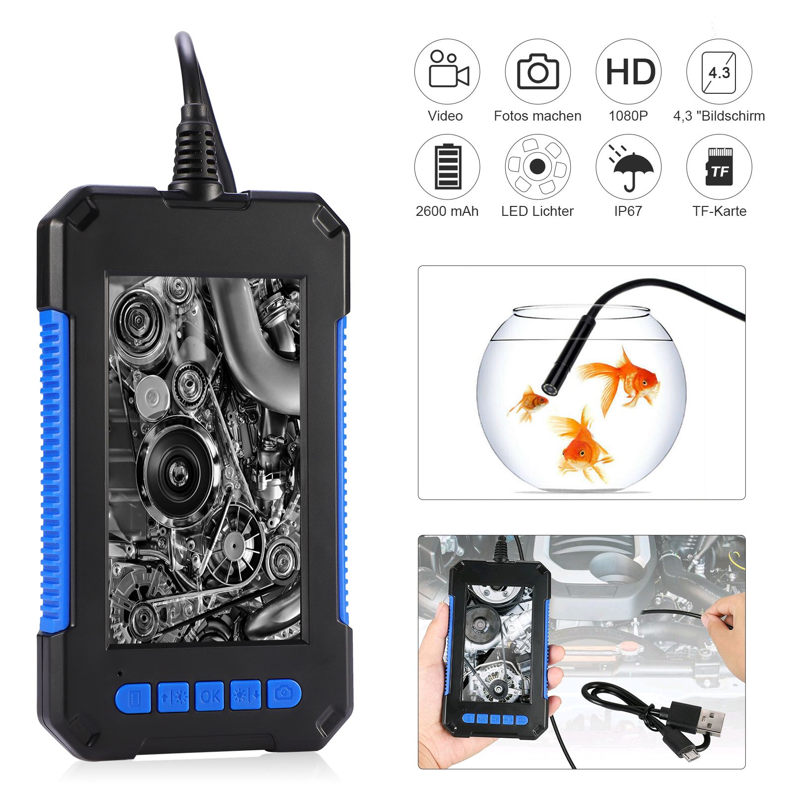 6LED 1080P Endoscope Camera Wireless Endoscope HD 4.3'' Screen Inspection Industrial Borescope Waterproof