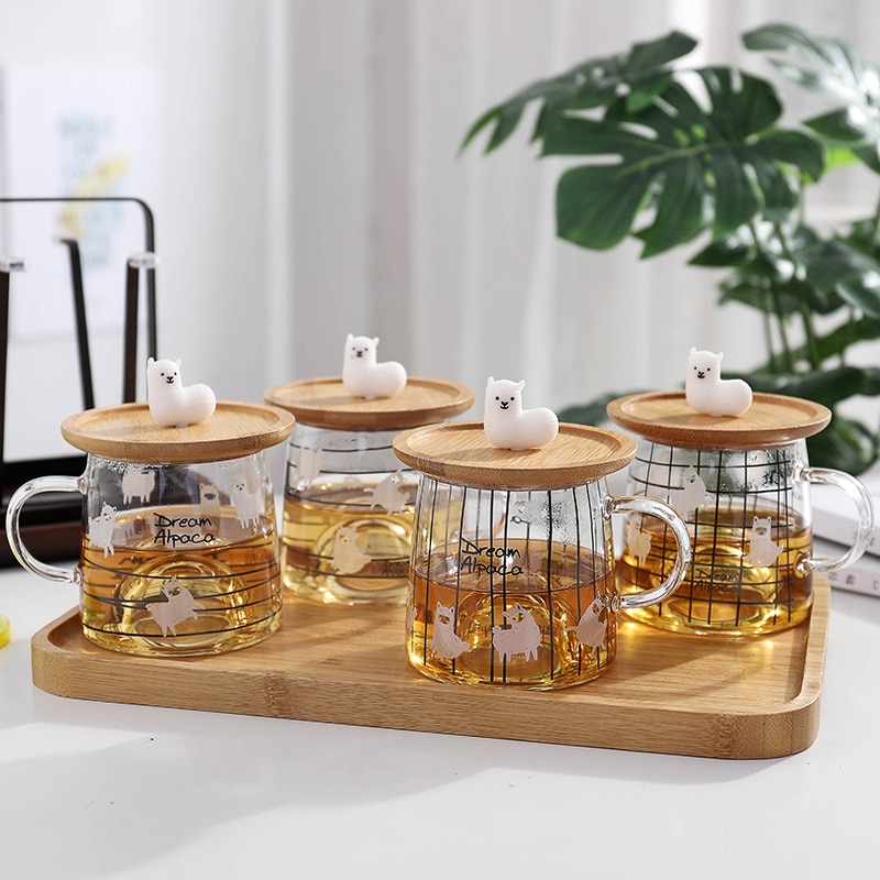 Leuke 3D Alpaca Glas Mok Met Bamboe Deksel, hittebestendig Glas Mokken Ochtend Mok Melk Koffie Thee Ontbijt Cup Voor